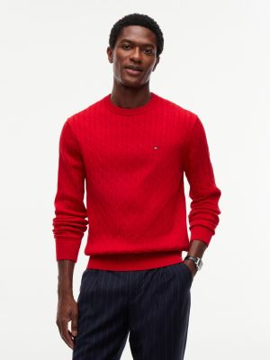 red cable knit crew neck jumper for men tommy hilfiger