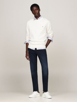 white cable knit crew neck jumper for men tommy hilfiger