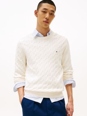 white cable knit crew neck jumper for men tommy hilfiger