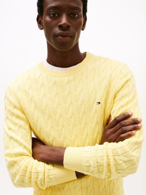 yellow cable knit crew neck jumper for men tommy hilfiger