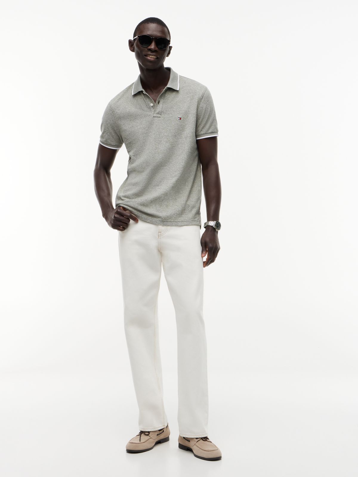 Regular Fit Pique Polo Shirt With Linen — Green