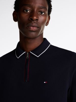 polo à manches longues et patte zippée bleu pour hommes tommy hilfiger