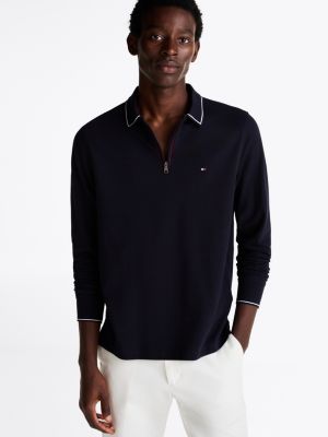 polo à manches longues et patte zippée bleu pour hommes tommy hilfiger