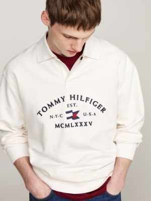 polo a maniche lunghe con logo stile nautico beige da uomini tommy hilfiger