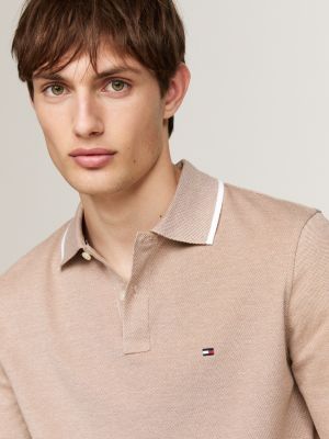 bruin regular polo met lange mouwen en streepdetail voor heren - tommy hilfiger