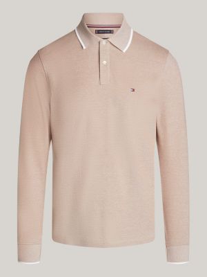 bruin regular polo met lange mouwen en streepdetail voor heren - tommy hilfiger