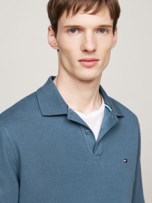 polo de manga larga con textura gofrada azul de hombres tommy hilfiger