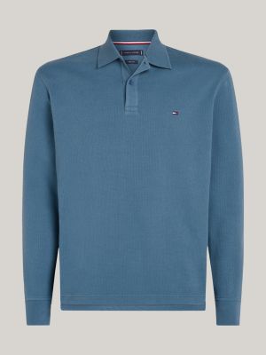 polo de manga larga con textura gofrada azul de hombres tommy hilfiger