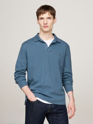 blue waffle texture long sleeve polo shirt for men tommy hilfiger