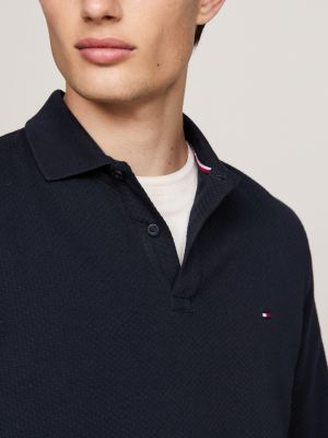 polo in tessuto a nido d'ape a maniche lunghe blu da uomini tommy hilfiger