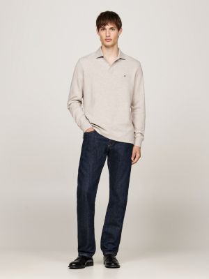 grey waffle texture long sleeve polo shirt for men tommy hilfiger