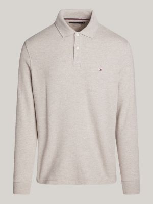 polo de manga larga con textura gofrada gris de hombres tommy hilfiger