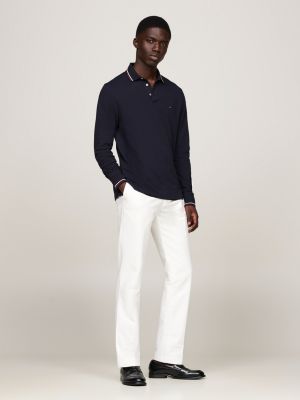 blauw slim fit polo-longsleeve met contraststreep voor heren - tommy hilfiger