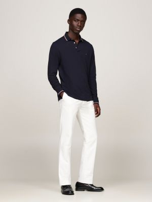 polo de manga larga ribeteado con corte slim azul de hombres tommy hilfiger