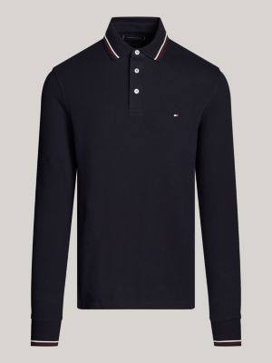 polo de manga larga ribeteado con corte slim azul de hombres tommy hilfiger