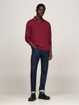 polo slim fit a maniche lunghe con righe rosso da uomini tommy hilfiger