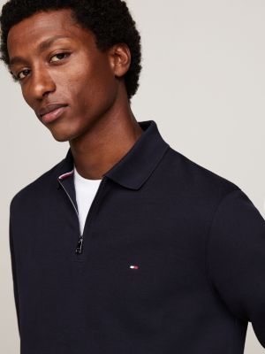 polo de manga larga con cremallera azul de hombres tommy hilfiger