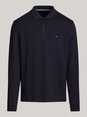 polo de manga larga con cremallera azul de hombres tommy hilfiger