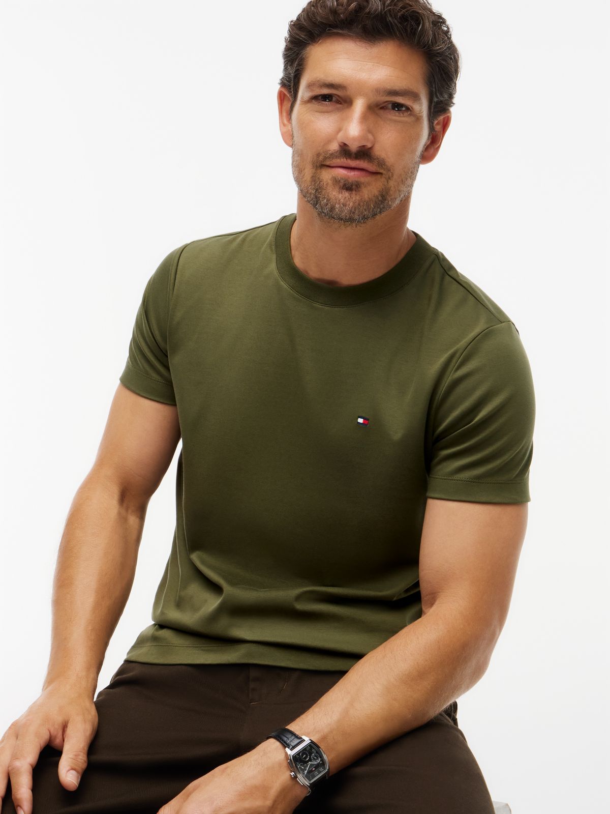 Flag Embroidery Slim Interlock Knit T-Shirt — Green
