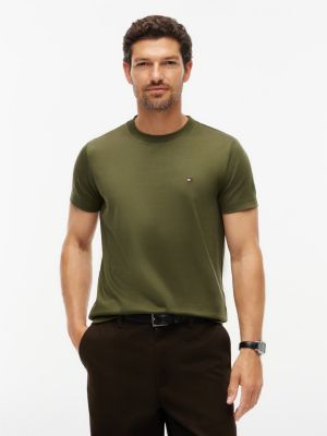 green wąski t-shirt z dzianiny interlock z wyhaftowaną flagą dla mężczyźni - tommy hilfiger