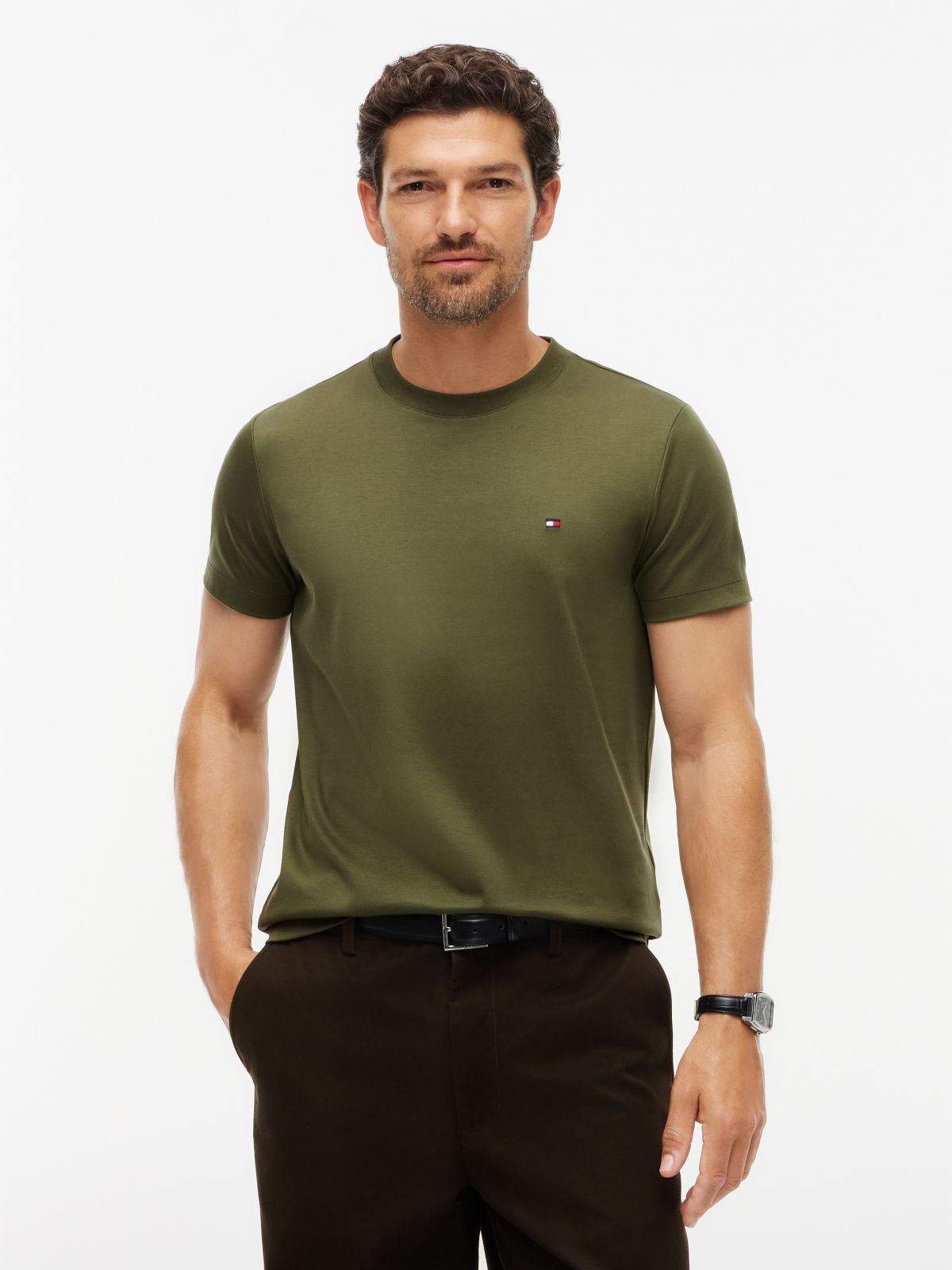 Flag Embroidery Slim Interlock Knit T-Shirt — Green