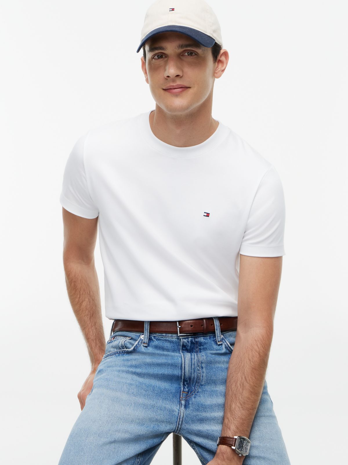 Flag Embroidery Slim Interlock Knit T-Shirt — White