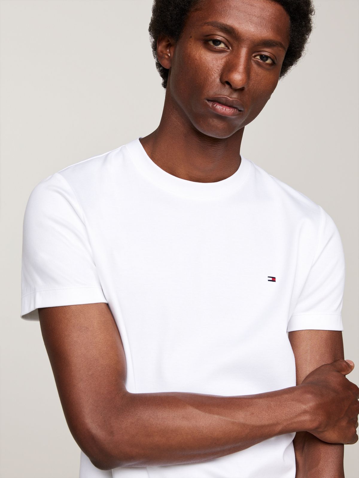 Flag Embroidery Slim Interlock Knit T-Shirt — White