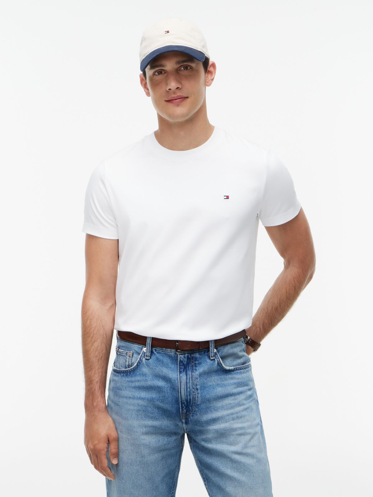 Flag Embroidery Slim Interlock Knit T-Shirt — White