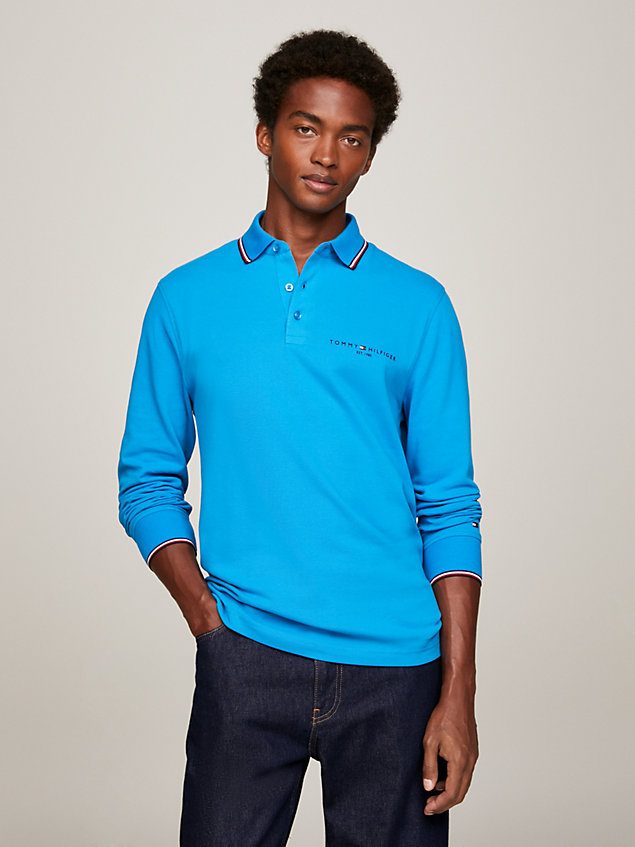 blue signature tipped long sleeve slim polo for men tommy hilfiger