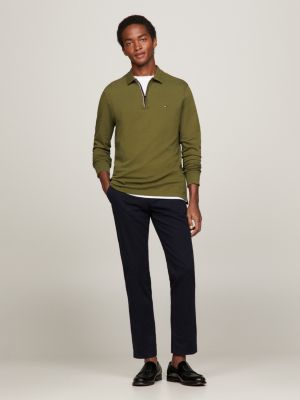 Olive green long sleeve polo sale