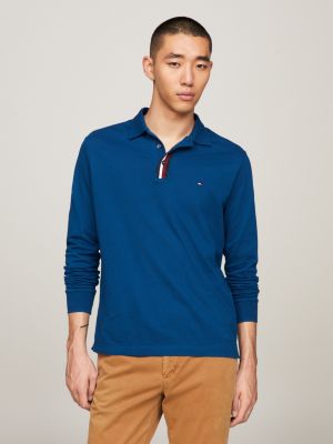 Global Stripe Hilfiger Blau Regular Langarm-Poloshirt Tommy Fit | mit | Knopfleiste
