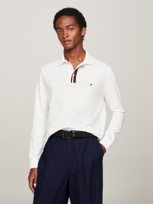 Global Stripe Regular Fit Hilfiger | Weiß Knopfleiste Tommy mit | Langarm-Poloshirt