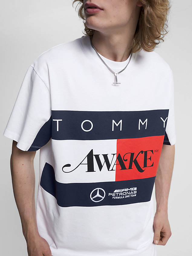 white tommy x mercedes-amg f1 x awake ny flag t-shirt for men tommy hilfiger