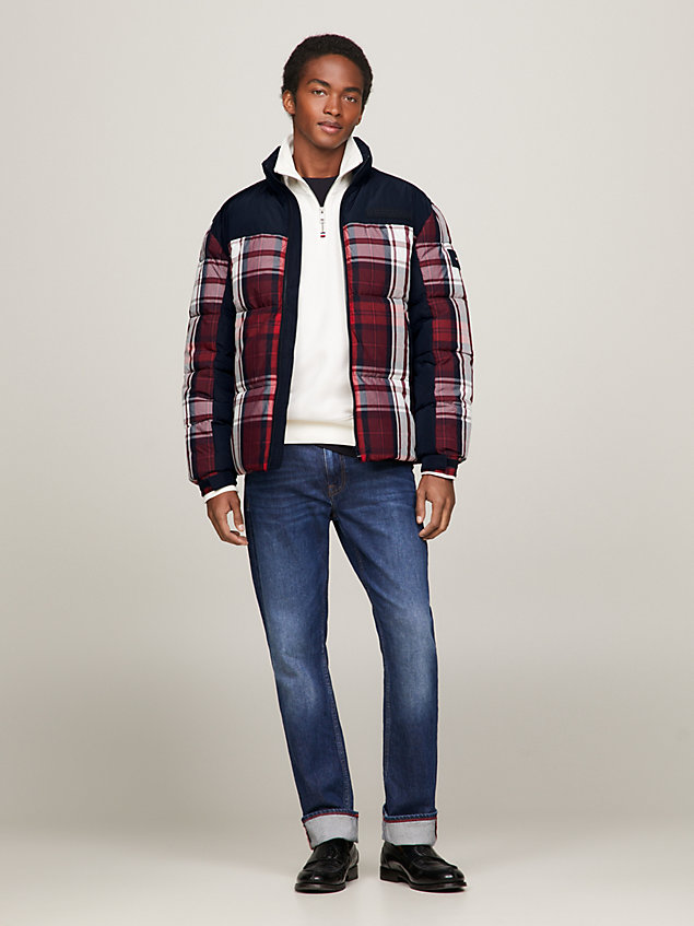 red th warm tartan check new york puffer jacket for men tommy hilfiger