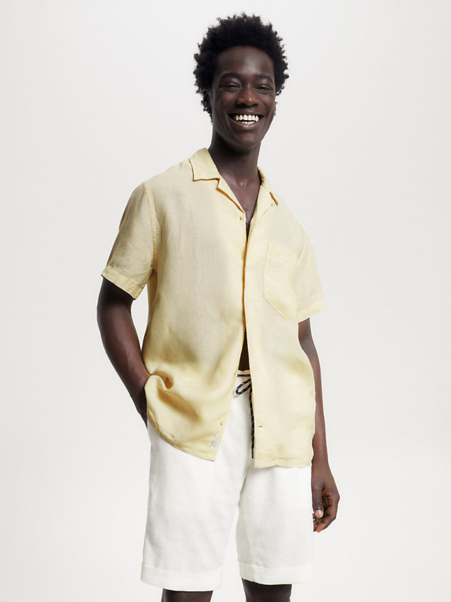 camicia tommy hilfiger x vacation in lino con colletto cubano yellow da uomo tommy hilfiger
