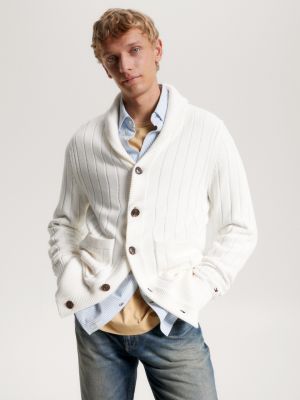 Men's white shawl hot sale collar cardigan