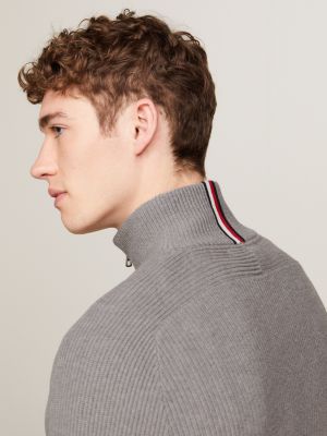 Rib Knit Half Zip Mock Turtleneck Jumper Grey Tommy Hilfiger