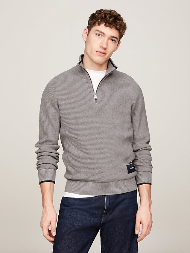 grey sweter z prążkowanej dzianiny z półgolfem dla mężczyźni - tommy hilfiger