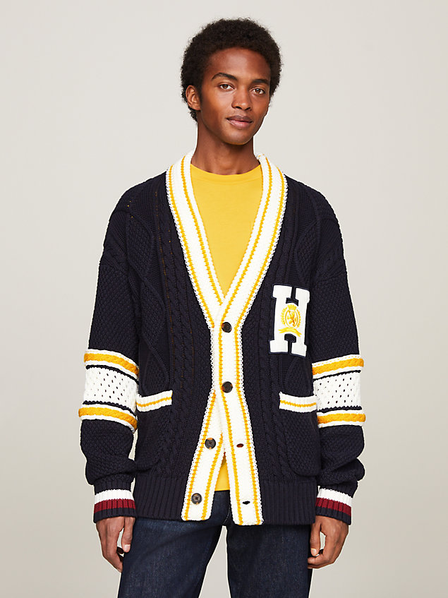 blue crest embroidery mixed knit letterman cardigan for men tommy hilfiger