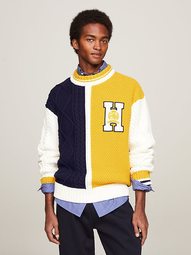 white crest embroidery mixed knit colour-blocked jumper for men tommy hilfiger