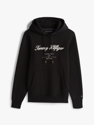 felpa con cappuccio e logo ricamato nero da uomini tommy hilfiger