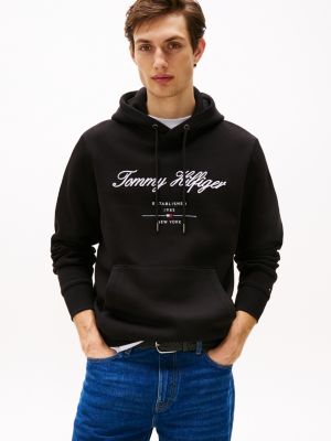 black hoodie met geborduurd logo voor heren - tommy hilfiger