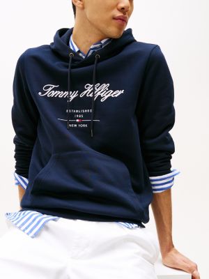 felpa con cappuccio e logo ricamato blu da uomini tommy hilfiger