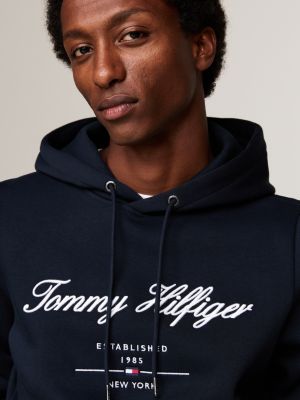 felpa con cappuccio e logo ricamato blu da uomini tommy hilfiger