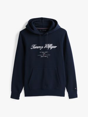 felpa con cappuccio e logo ricamato blu da uomini tommy hilfiger