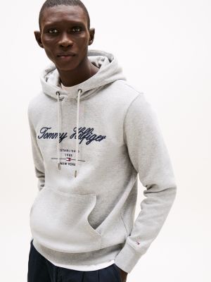 sweat à capuche à logo brodé gris pour hommes tommy hilfiger