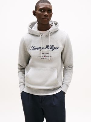 grey hoodie met geborduurd logo voor heren - tommy hilfiger