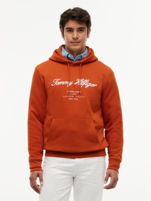 orange logo embroidery fleece hoody for men tommy hilfiger