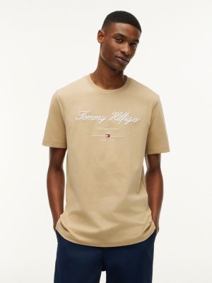 camiseta de punto con logo texturizado khaki de hombres tommy hilfiger