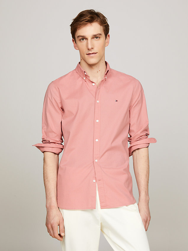 pink slim fit overhemd met th flex en microprint voor heren - tommy hilfiger